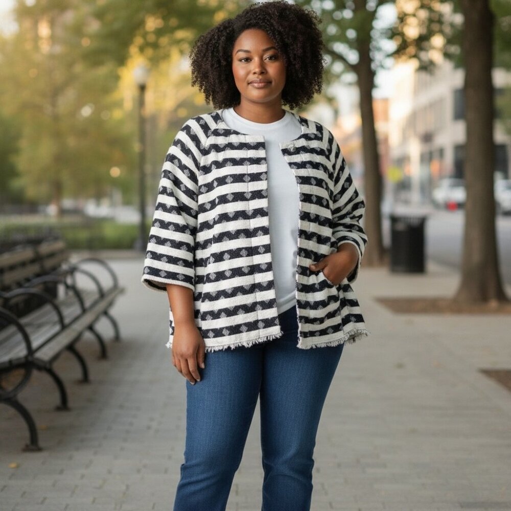 NWT CJ Banks Women 3X Plus Size Cotton Blend Button Down Striped Blanket‎ Jacket